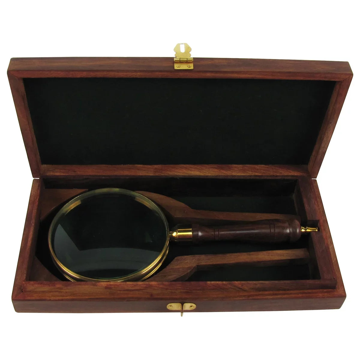 w/ Magnifier Antique 5x Brass&Wood Lens Box Turned Hand Magnifying Desktop Glass