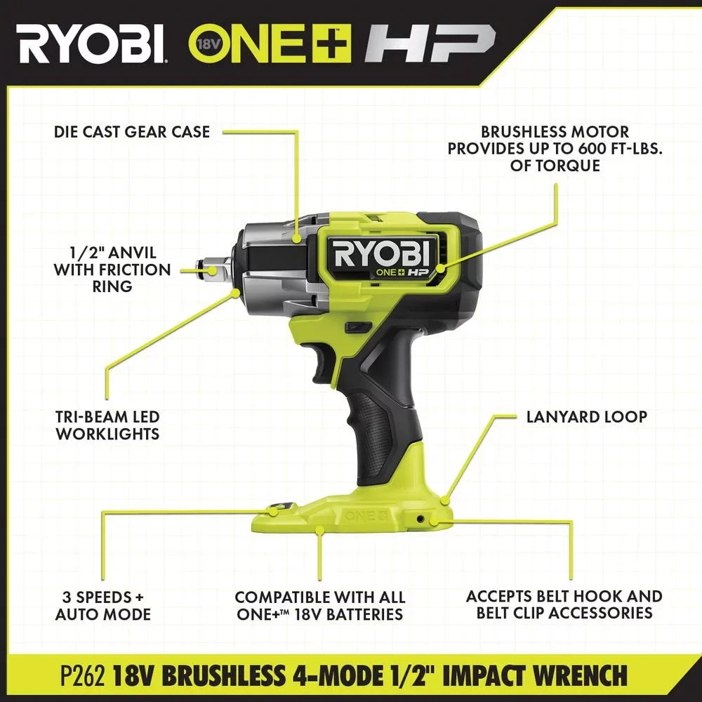 Cordless ONE+ Impact 4-Mode (P262) Wrench 18V (Tool HP in. 1/2 RYOBI Only) Brushless