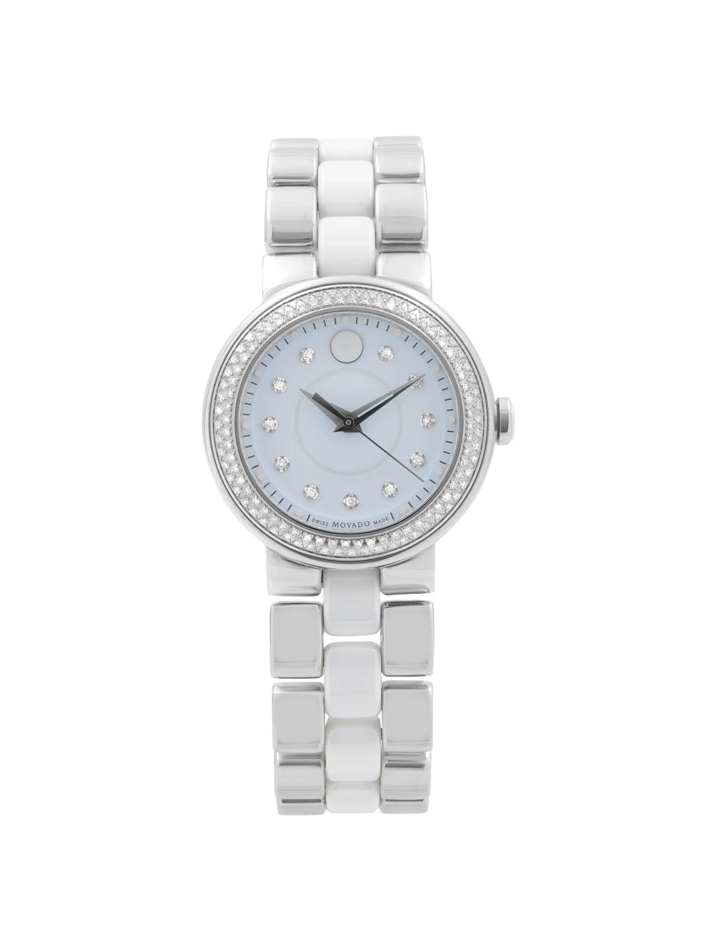 White Quartz Watch Cerena Movado Bezel Pre-Owned Diamond 28mm Ladies Steel Ceramic 0606931