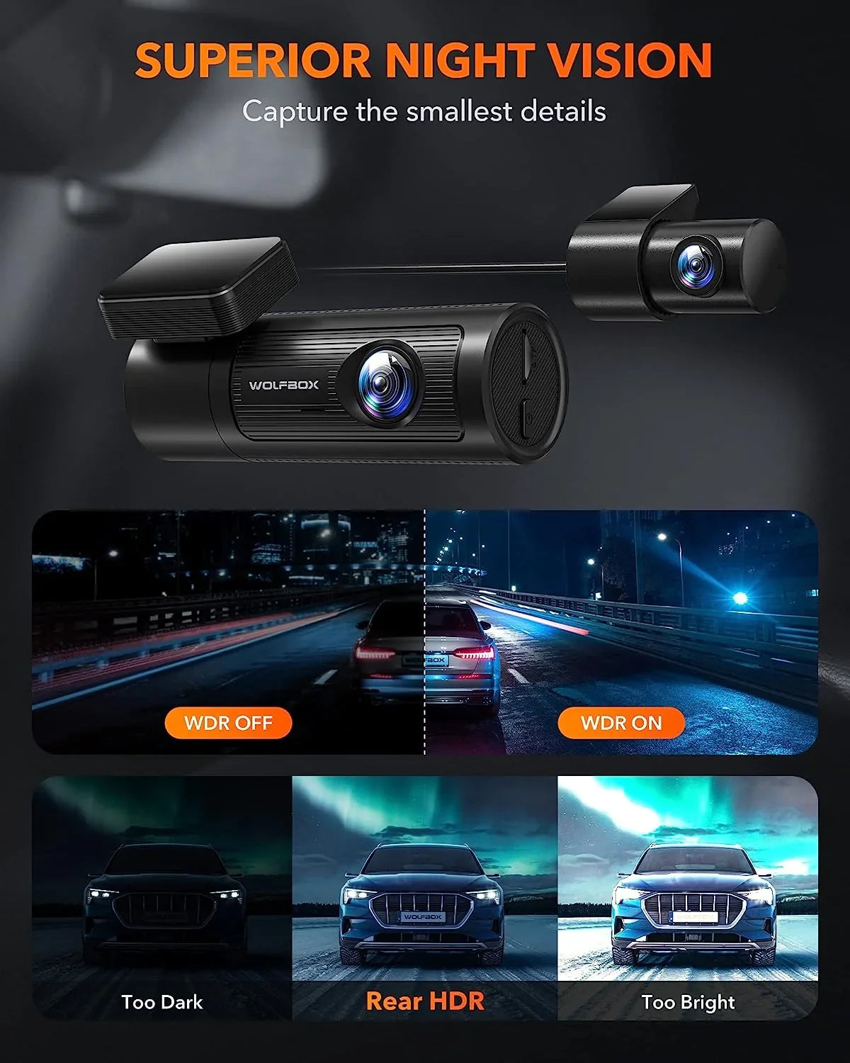 4K GPS Front Card, DashCam Front Rear, and Dashcam with Rear 32G Car 1080P Vision, Night WOLFBOX UHD Recording WDR, and WiFi, & Dash Free with Loop Cam