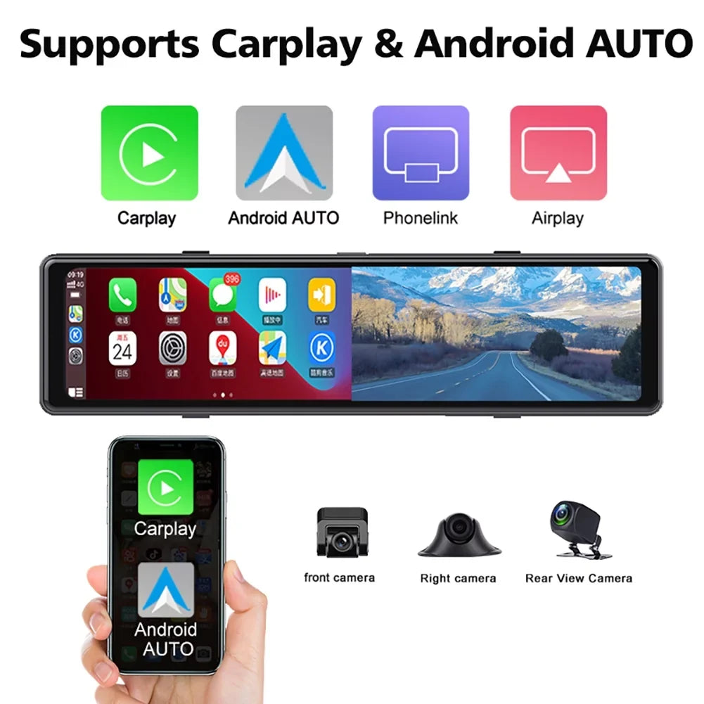 and Car CarPlay Auto, Wireless 3 Camera with IPS DVR, Reversing Cam Dash Cameras Portable 11.26" Bluetooth, with Screen Android Touch