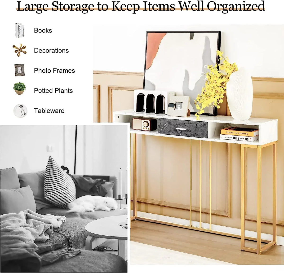 Table Room &amp; Living Entryway Pads Device with Kitchen NLTBONNIE Table Faux Ent Hallway Adjustable for Sofa with Foyer - Room Dining Anti-Toppling Foot &amp; Drawer Marble Console