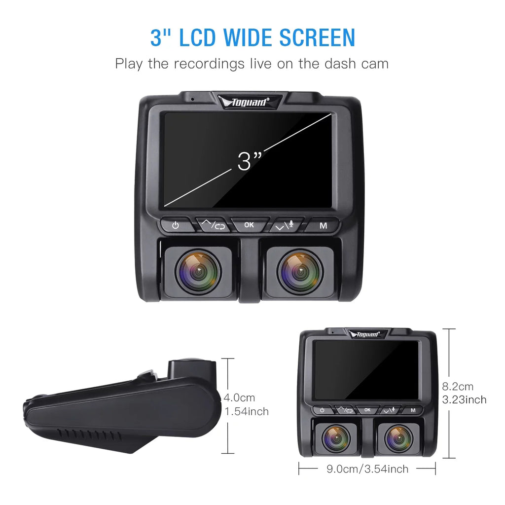 3" TOGUARD G-Sensor, Night LCD Screen Car Dual Dash Vision Recording with Monitor, Loop 1080P Dash Parking Front and Camera Cam IR Camera Inside