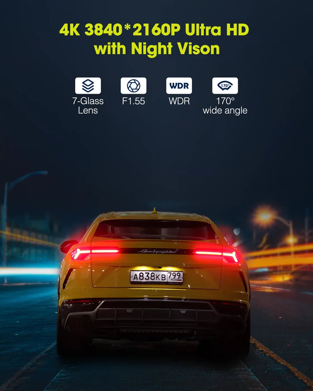 Front Camera TOGUARD Cam with Super Built-in WiFi UHD 4K Night Control GPS Camera for Dash Voice Car Car Vision,