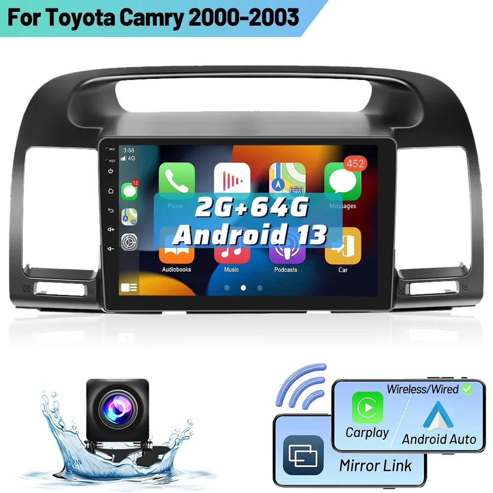 Car Wireless Bluetooth Carplay Auto Android 2+64G Stereo Podofo AHD Android 13 FM Camry WIFI Hifi, Radio Camera Toyota Touch GPS Backup Link 2000-2003 9'' for Screen Mirror