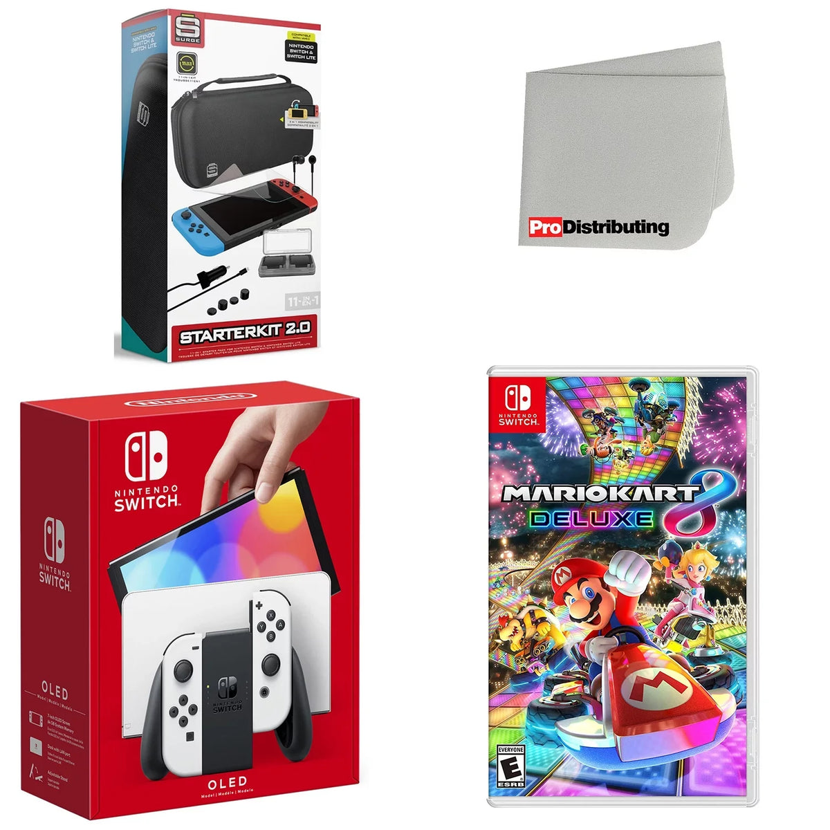 with Accessory Kart Switch Screen Starter 8 and Kit Console White Deluxe, Nintendo Bundle Cleaning Mario Cloth OLED