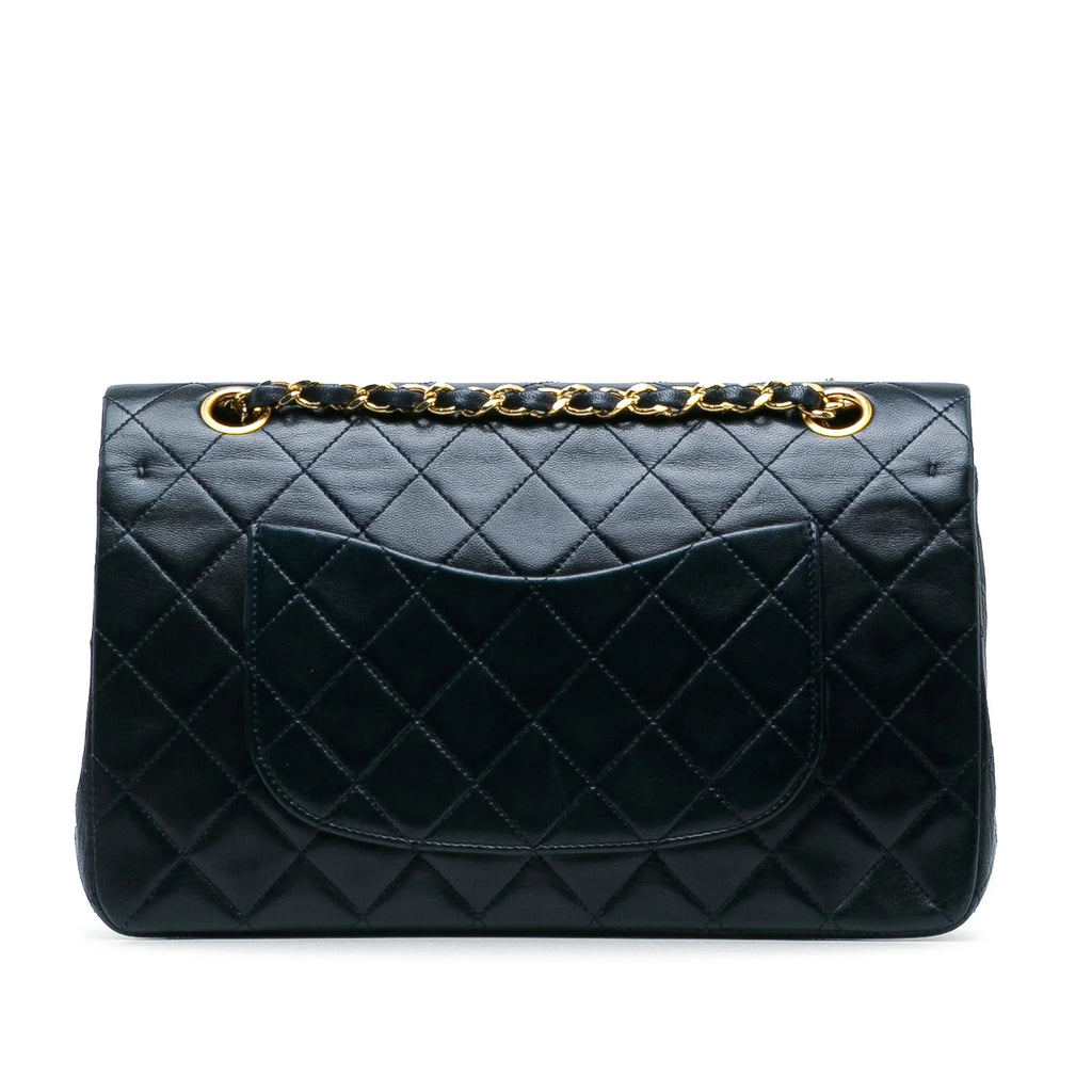 Lambskin Leather Medium Bag Unisex Pre-Owned Authenticated Flap (Good) Double Shoulder Blue Classic Chanel