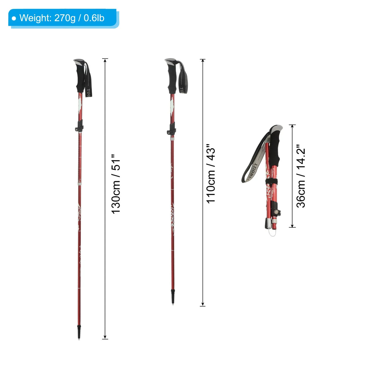 Collapsible Pole Hiking Trekking 51 Red Poles, Inch Aluminum Alloy, Uxcell