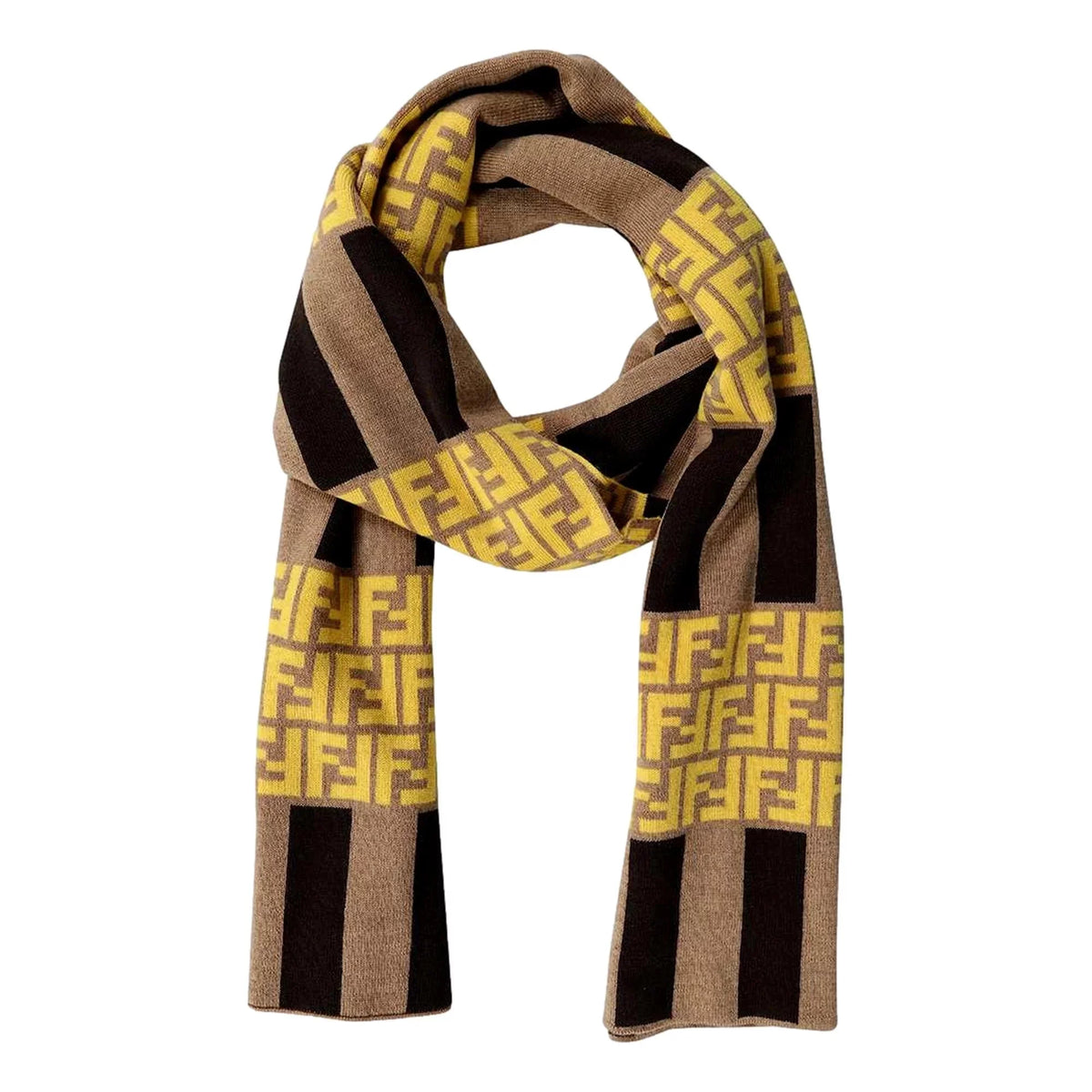 and Brown FXS124 Print Scarf Fendi Striped FF Knitted Yellow Wool