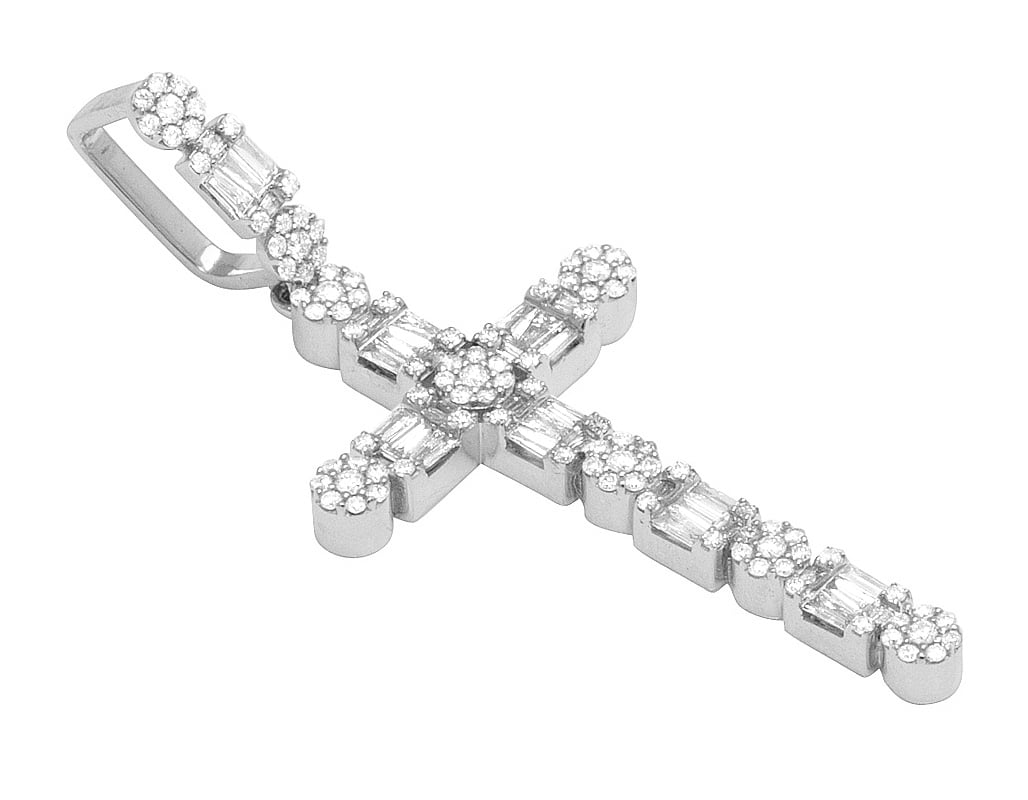 1.2CT Unisex Cross Real 10K White Diamond Gold Baguette Flower 2" Cluster