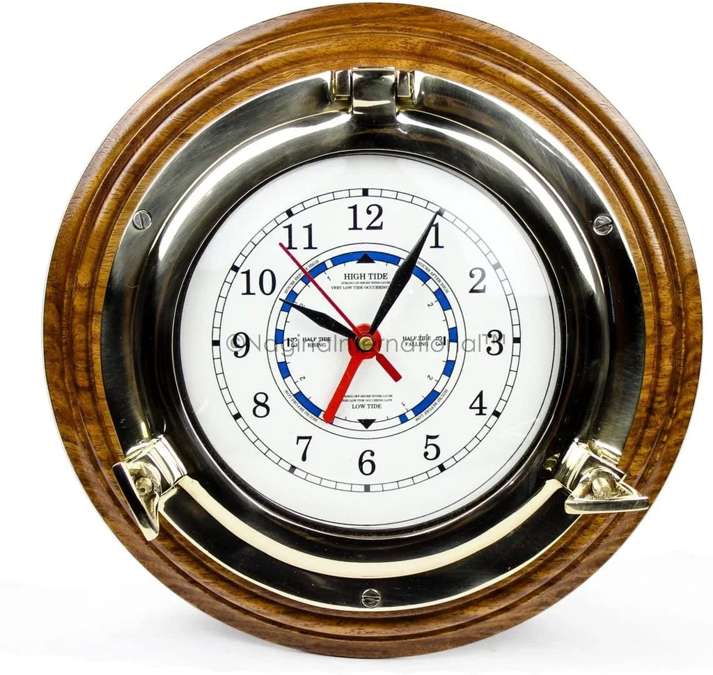 Ship's Hanging International Home Porthole Wooden Clock Nagina Quartz 10" Time's Pirate | Nautical Based Wall Brass Premium Decorative