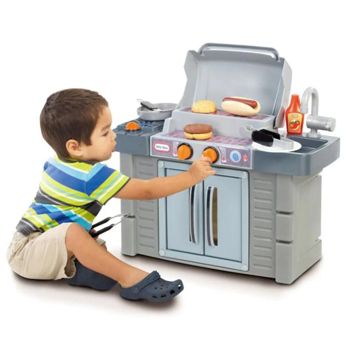 Kids Pretend Grow 2 Tikes BBQ Girls 8-Piece Grill Cook Little 3 Toddlers 4+ Playset, Toys Kitchen Ages For Boys Gray, Play 'n