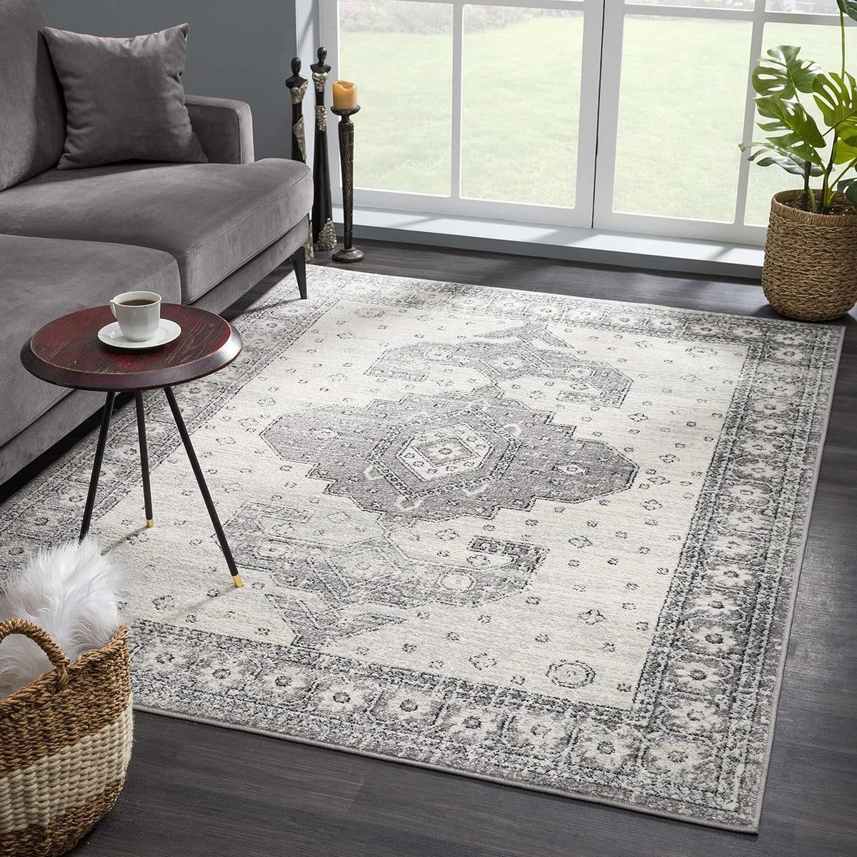 Boho Oriental Rug Living 10' Grey, Indoor X Bedroom, Marash Room, Distressed - 7'10" - Persian Beige - Pattern Traditional - Goksun Collection Vintage Area Medallion