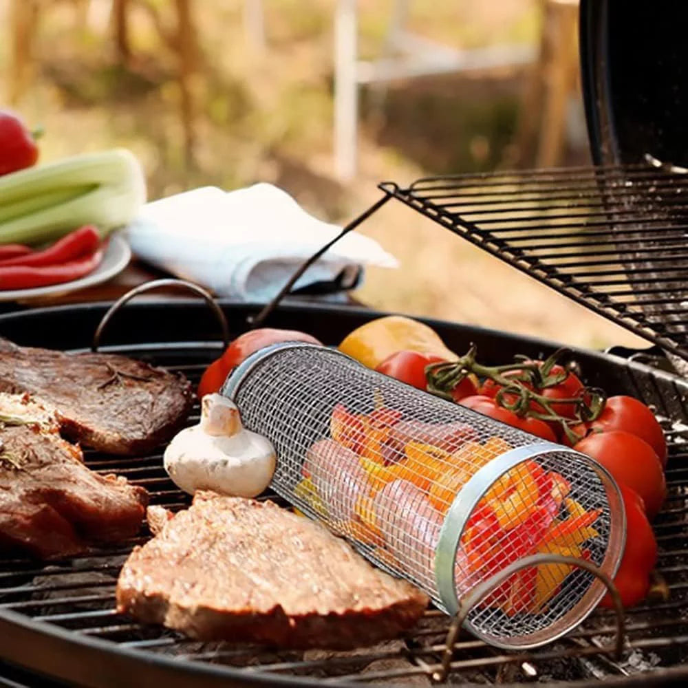 for Grilling BBQ Rolling Basket，Round Fish, Barbecue Outdoor BBQ 2PC ，Portable Barbeque Shrimp, Rack Basket Vegetables, Grilling Griller Cooking Camping Accessories