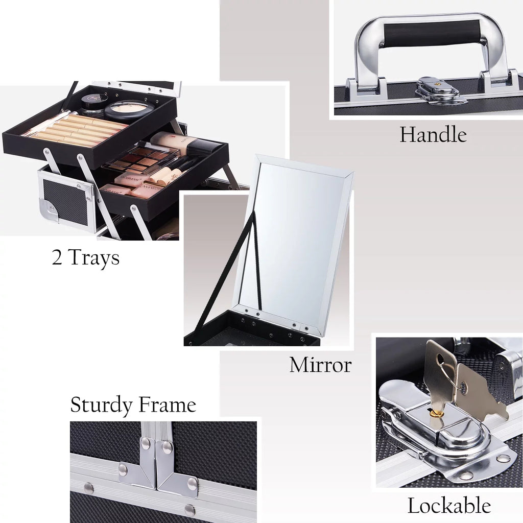 Lockable Storage Makeup Case with Train Cosmetic Makeup Mirror Joligrace Organizer Trays Box 2 Case