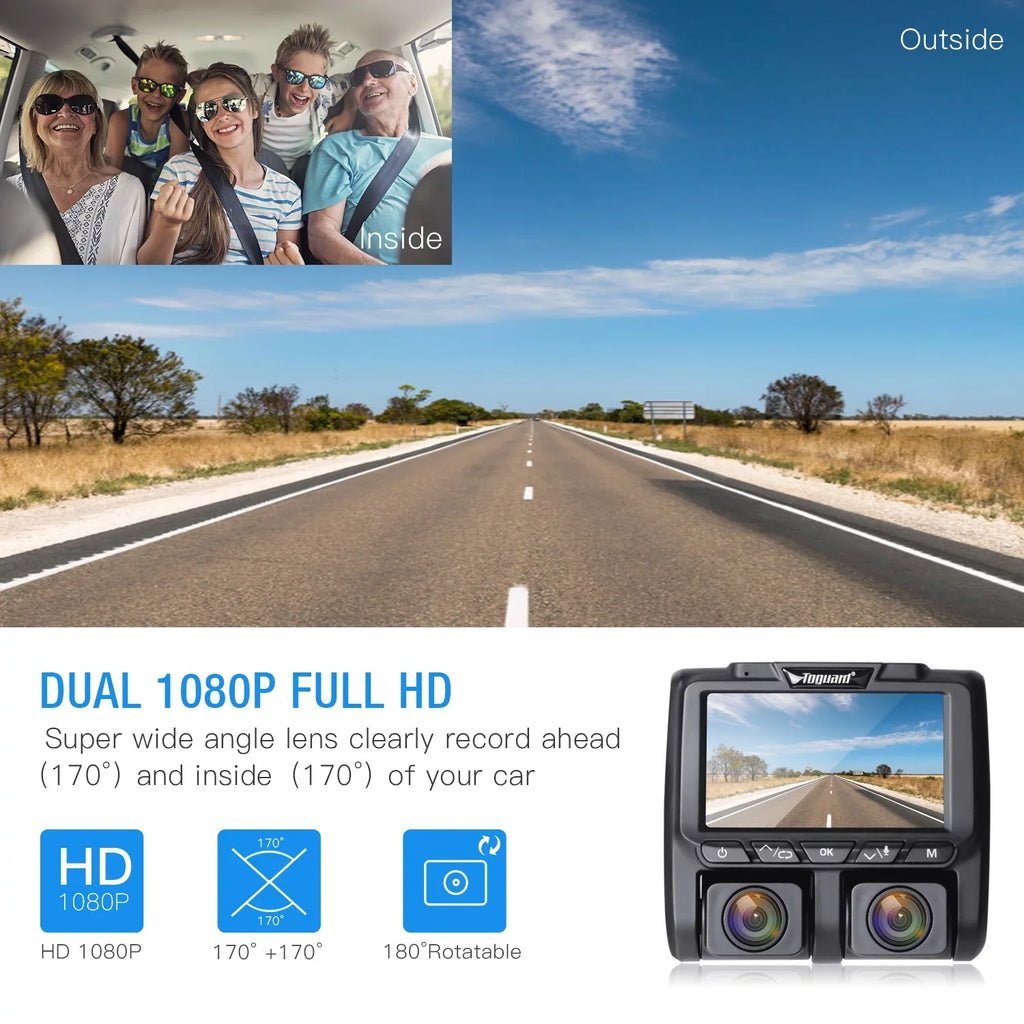 3" TOGUARD G-Sensor, Night LCD Screen Car Dual Dash Vision Recording with Monitor, Loop 1080P Dash Parking Front and Camera Cam IR Camera Inside