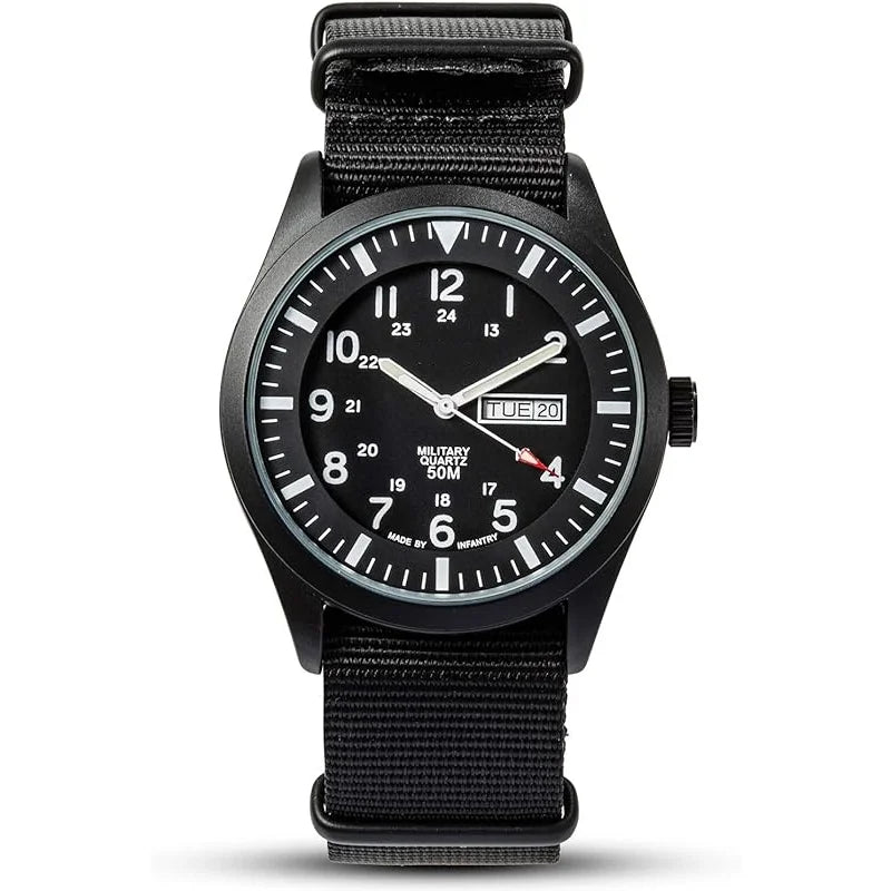 Nylon Hour Day with Wrist Watches Analog, for Military Men Field Black Sport Watch, Tactical 12/24 Work Waterproof Wristwatch, Date Outdoor Army Band Men's