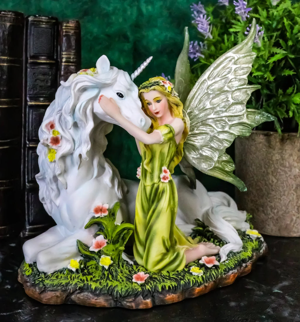 White Figurine Decor Gaia 7"L Rare Unicorn With Green Floral Statue Fairy Earth