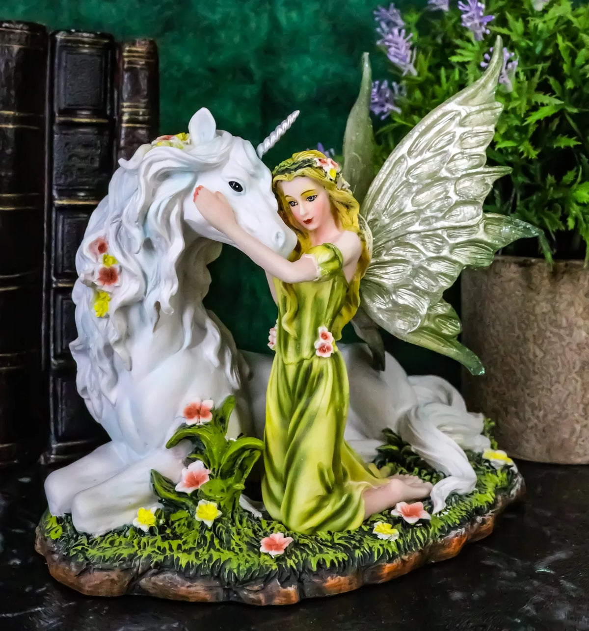 White Figurine Decor Gaia 7"L Rare Unicorn With Green Floral Statue Fairy Earth