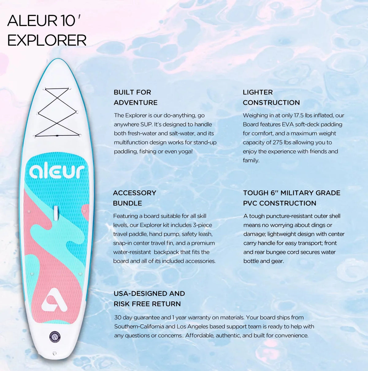 Deck, Up Hand Board and Stand Paddle W Non-Slip Leash, Paddle SUP Premium Backpack, Inflatable Explorer & Accessories Package Aleur Pump