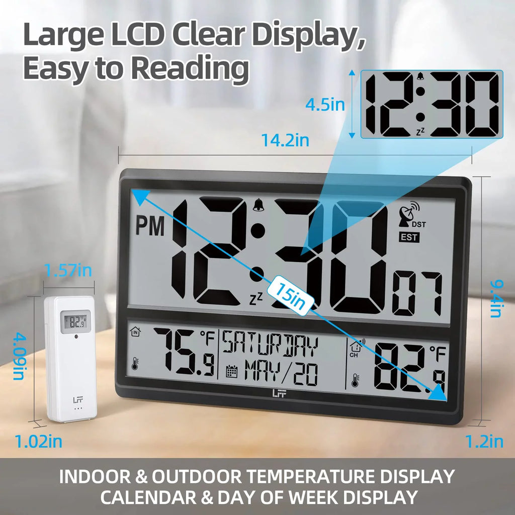 Battery Setting, with Clock LFF with Easy-to-Read, Atomic Wall Needs Atomic Clock Indoor Operated, / Wall Never Large Wireless Sensor Outdoor / Outdoor Numbers Clock 4.5" 15" Temperature, Digital