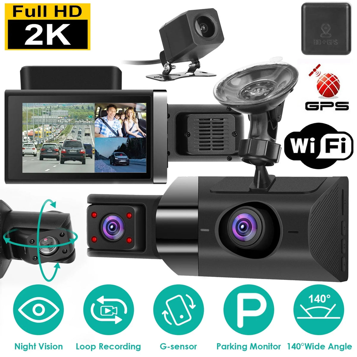 Recorder Parking Cam Angle WiFi iMounTEK Dash 140° Loop 2K Vision Night Camera Camcorder, GPS Car G-sensor Monitor with Recording