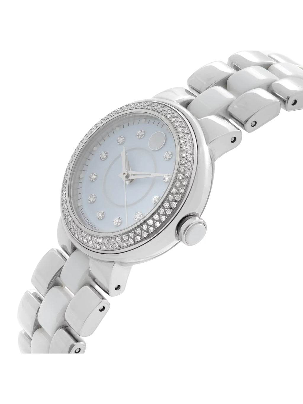 White Quartz Watch Cerena Movado Bezel Pre-Owned Diamond 28mm Ladies Steel Ceramic 0606931