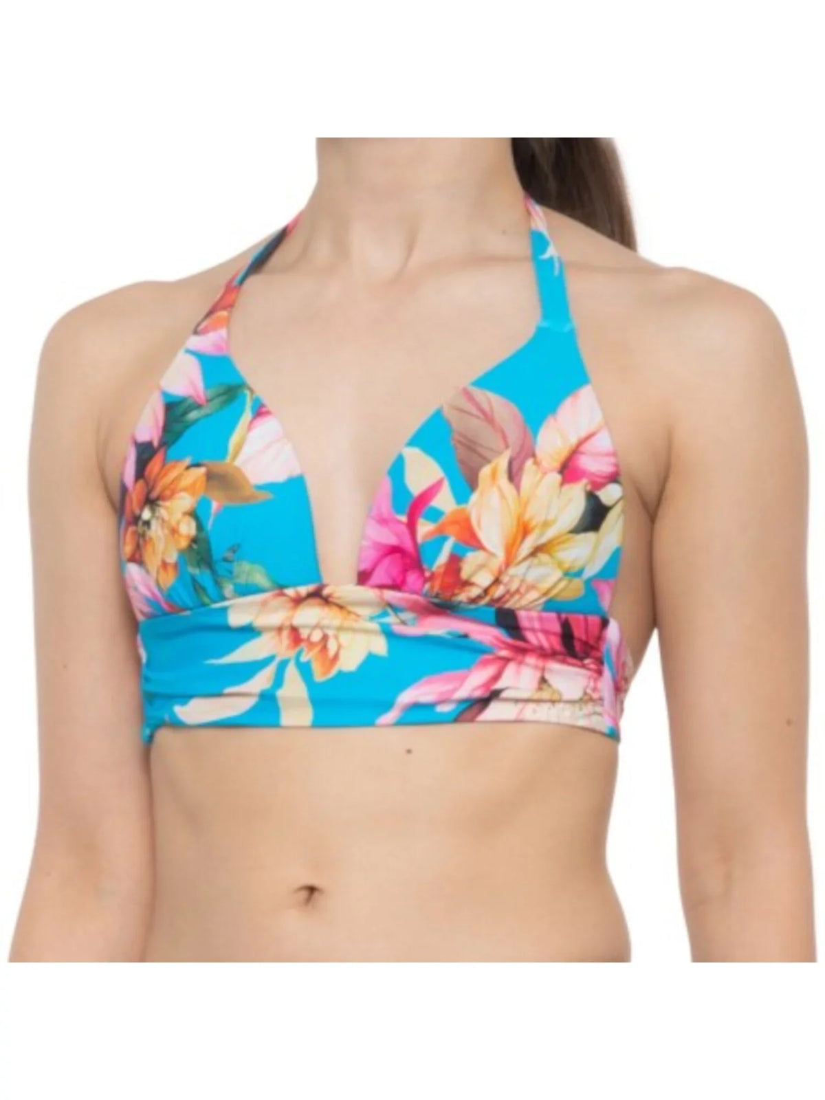 Top Print Halter Blue Tie LA Women's Molded Tropical BLANCA Cup Shirring Swimsuit 4 Sweetheart