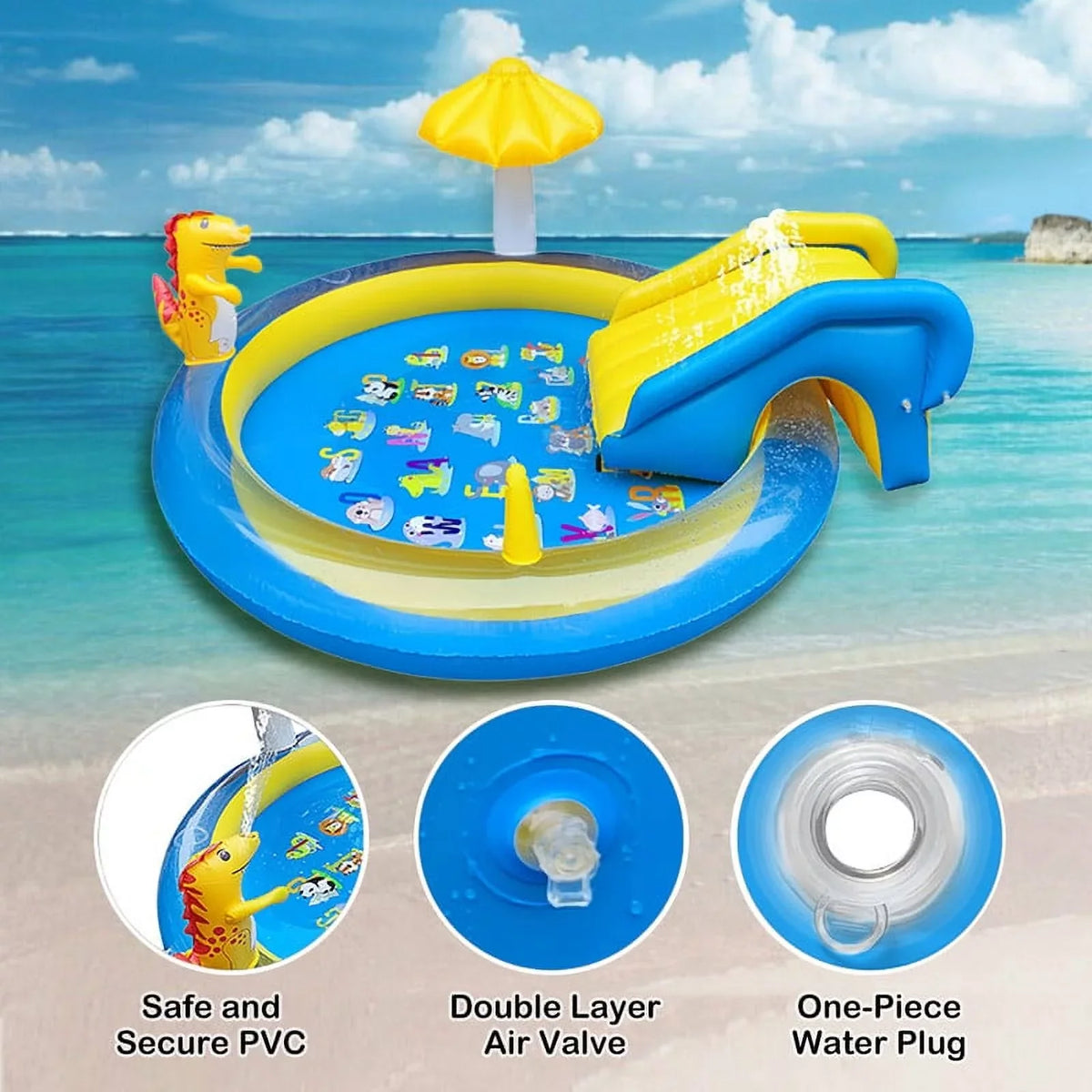 2+ and Age for with Cute 78 Yellow Pool Indoor, Play 43 x Kids Dinosaur Blue Kiddie Sanmadrola Inches, Center x Dinoland Sprinkle Inflatable Outdoor Pool Wading for Backyard Pools 78 Slide Toddler