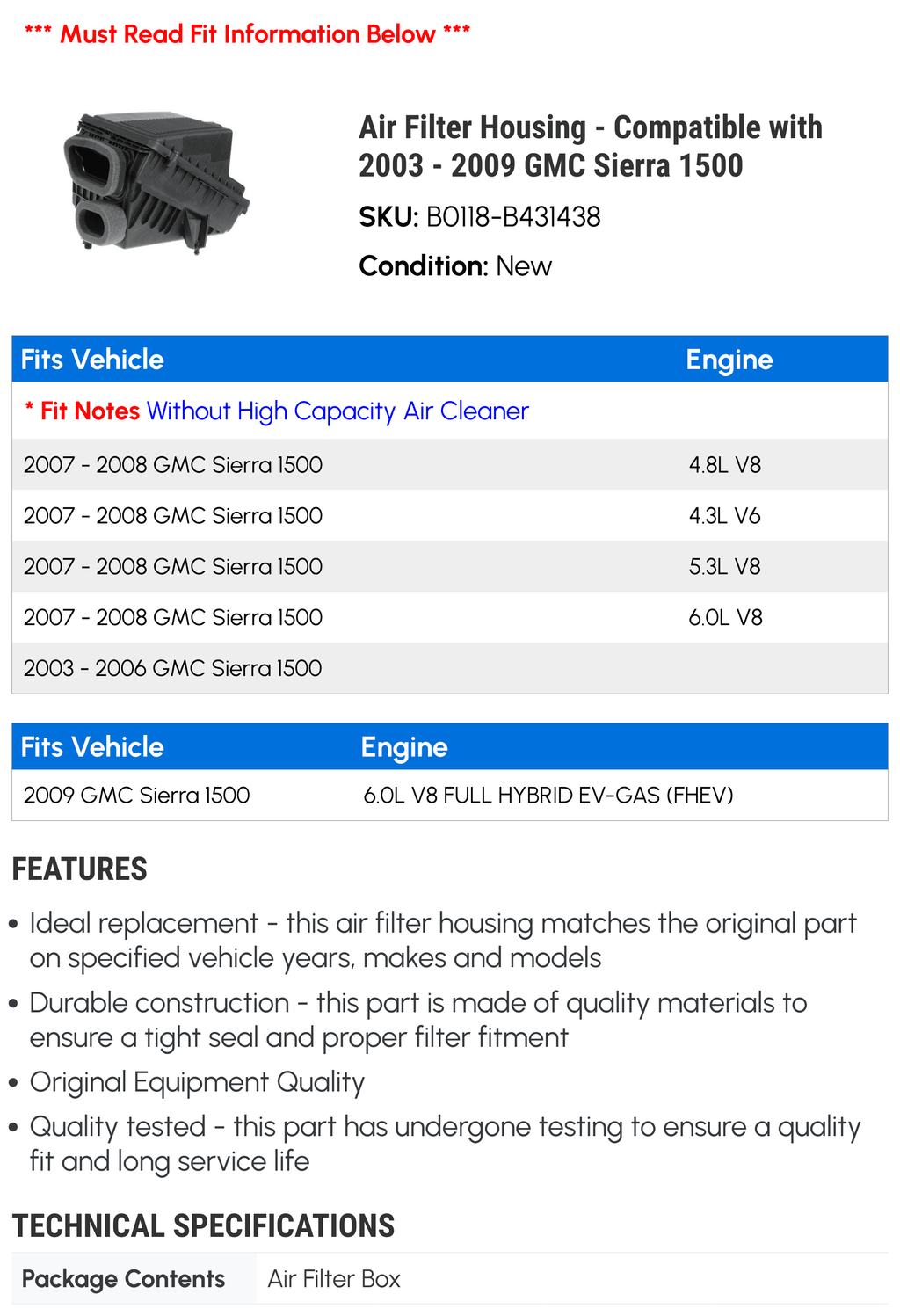 2009 GMC - 2007 2003 2004 - 2005 Compatible Filter 2008 1500 Air 2006 Sierra Housing with