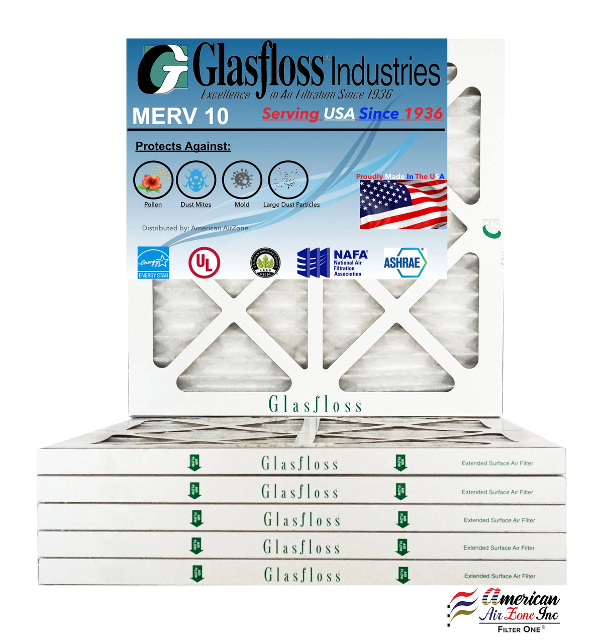 MERV 10 Filter Glasfloss 15x15x1 Made - Air Furnace -Qty:6 - (Actual 14.5 in - x Size: 14.5x7/8 USA inch)