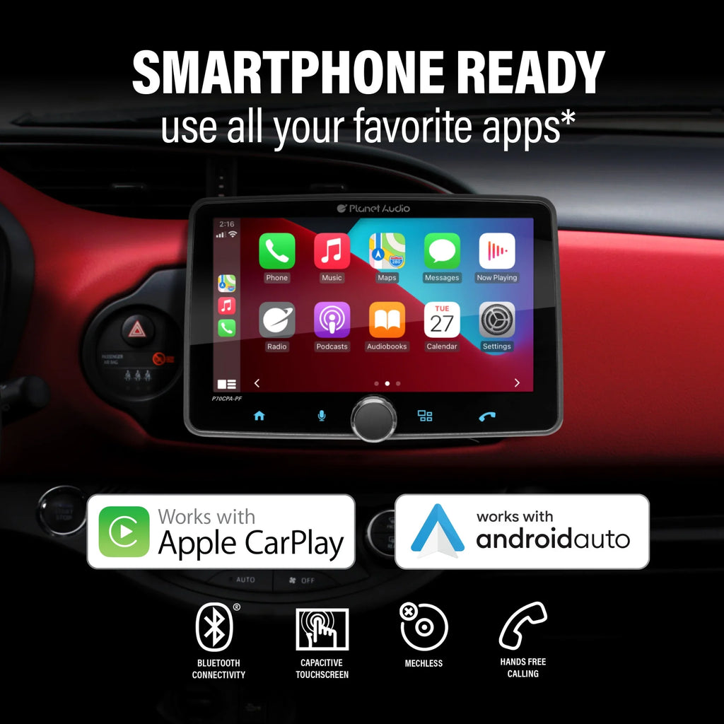 Stereo Android No Auto, CarPlay, Apple Radio Receiver, Din, AM/FM Audio Inch - Player, Car P70CPA-PCF Planet Single Camera Bluetooth, CD Backup 7 Touchscreen, DVD
