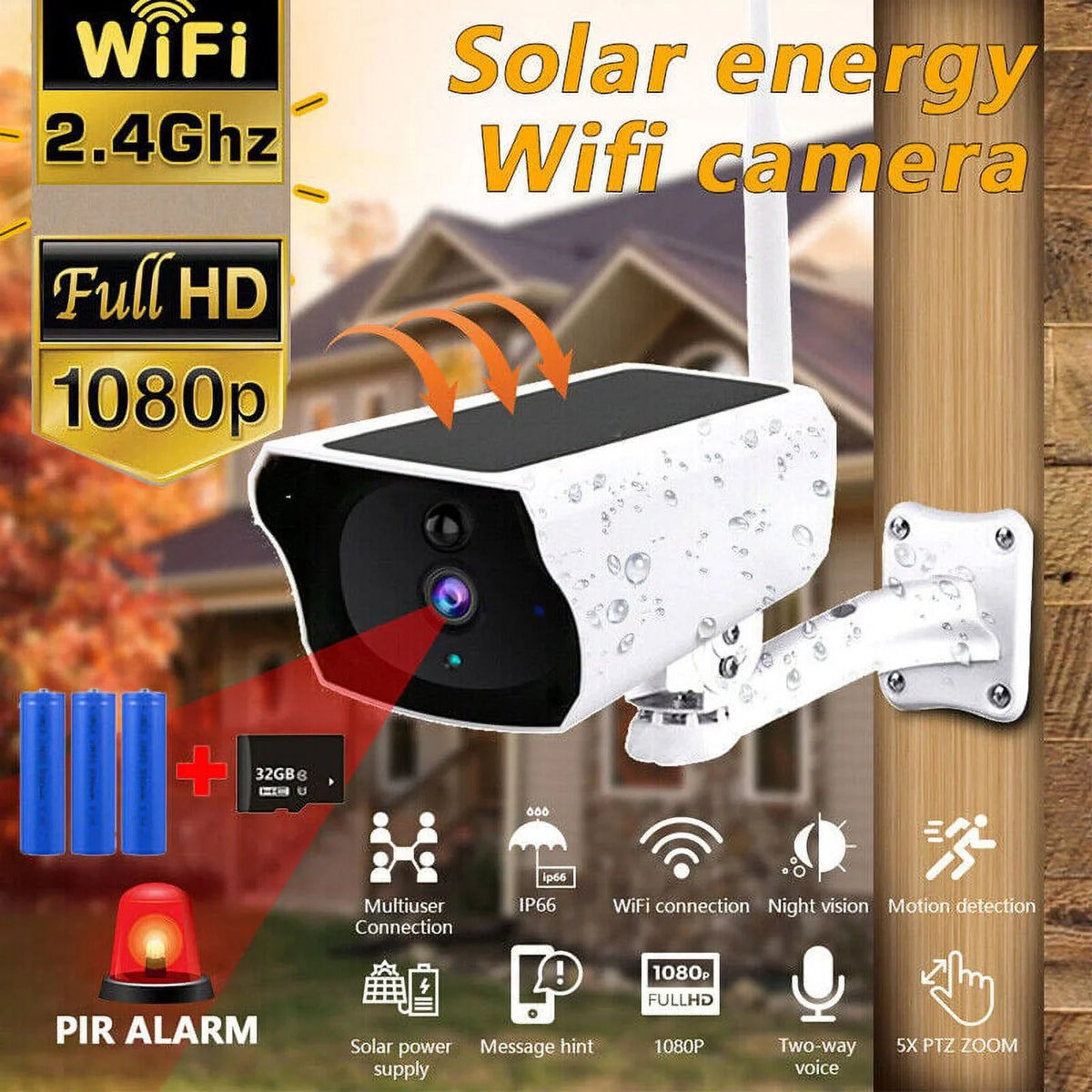 Powered Security Home Security Security Momery Camera, IP Camera Night Outdoor 18650 Solar and Card Vision with WiFi IP 1080P 32GB Pcs HD Batteries Camera, 3 Wireless