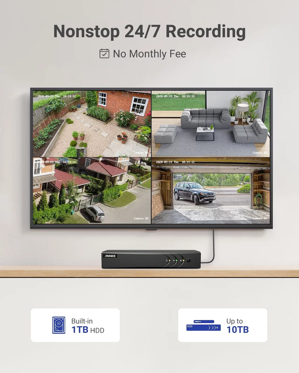 with DVR 8CH Email Night System Detection, Hard Cameras, with Alert H.265+ Vision, (4) Wired ANNKE 100ft 1 Surveillance Lite Security Weatherproof Drive and 5MP 1080p Human/Vehicle Camera AI TB 5-in-1