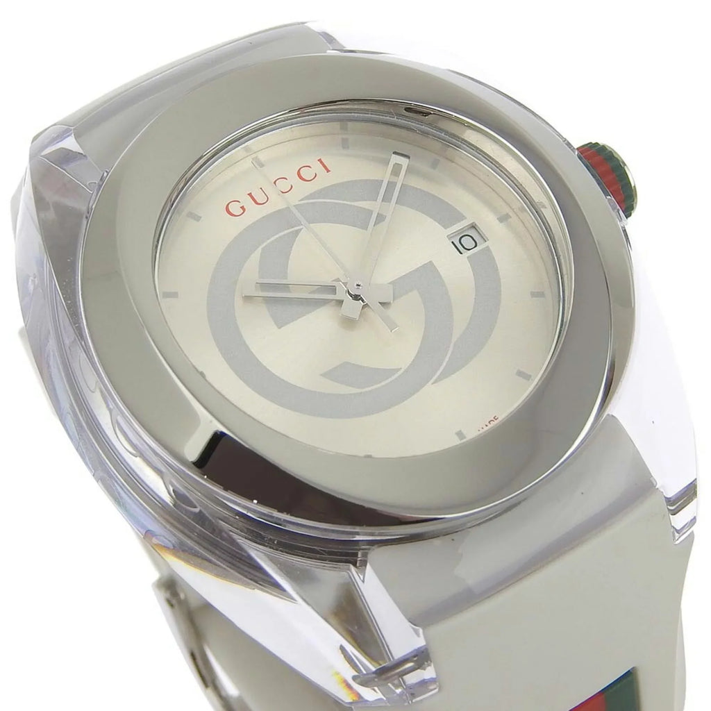 Authenticated Rubber Quartz Display Men's Silver 137.1 Watch Sink x Used Gucci Dial Analog Steel Stainless