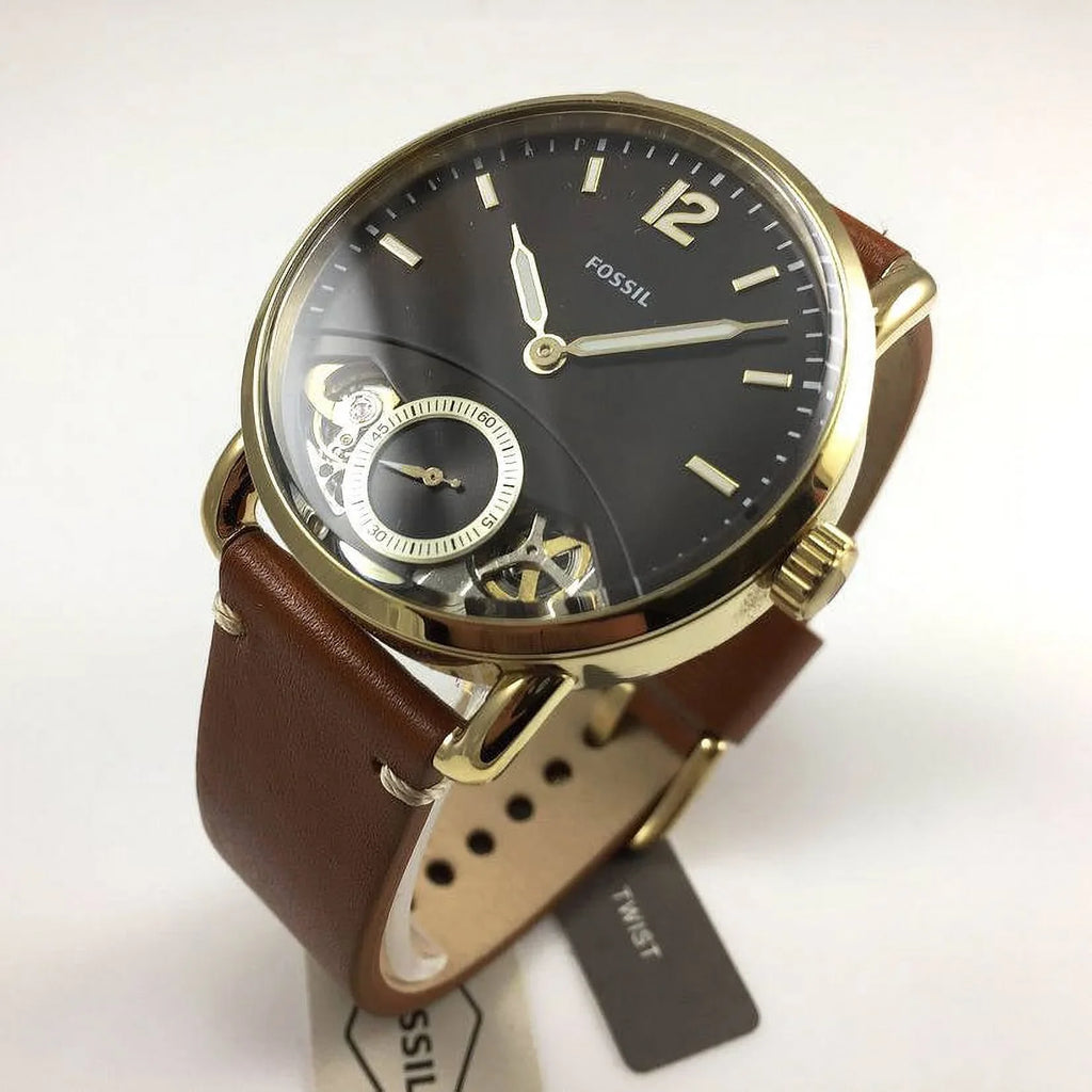Japanese Fashion Leather Men's Fossil Quartz Commuter Twist The Watch ME1166 Gold