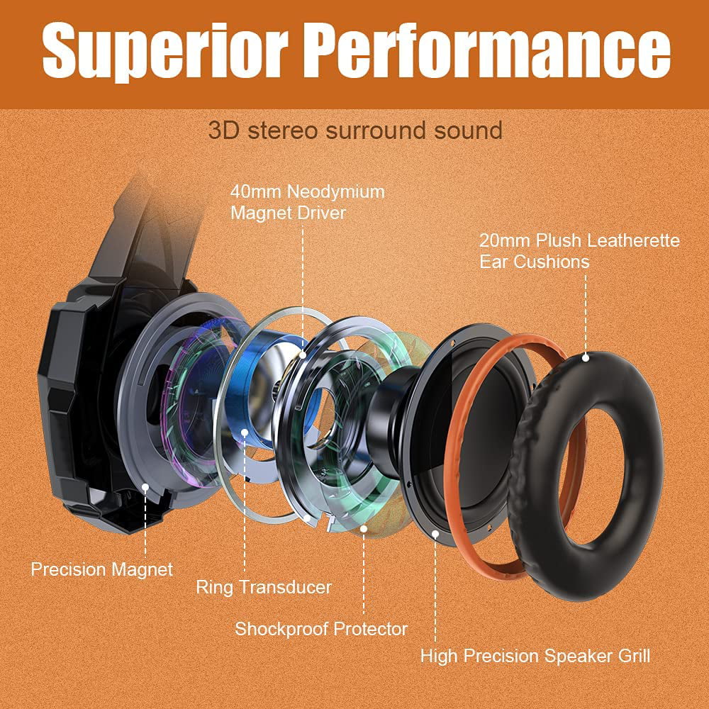 Earmuffs Mic, Cancelling LED G9000 Gaming One Over Light, Noise PS4, Headphones for Soft (Orange) Xbox Headset with Surround, Stereo Memory PC, BENGOO Bass Ear Controller,