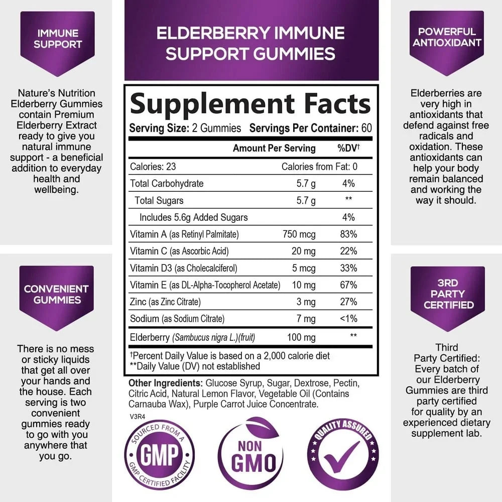 Black Nature's Vitamin Gummies Gummies Vitamin Elderberry Kids Elderberry - Gluten Zinc, - Free Sambucus for Support 120 Supplement, with Gummy Adults C Immune & Gummies Immune and Non-GMO