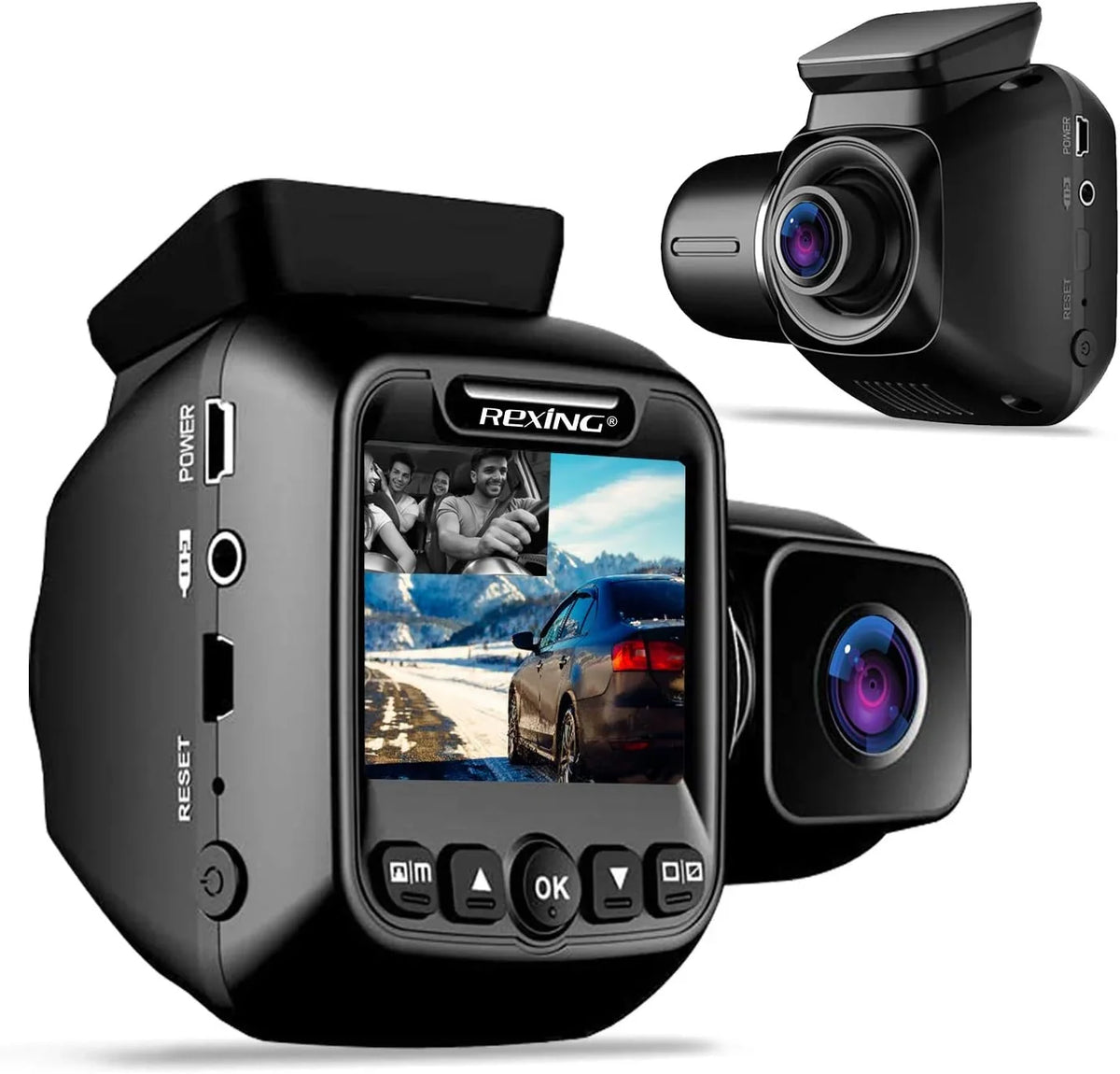 Dash Box 1080p Cam 2” BLACK Max LCD Mini Camera Rexing - 128GB Open W202 Front/Cabin Dual