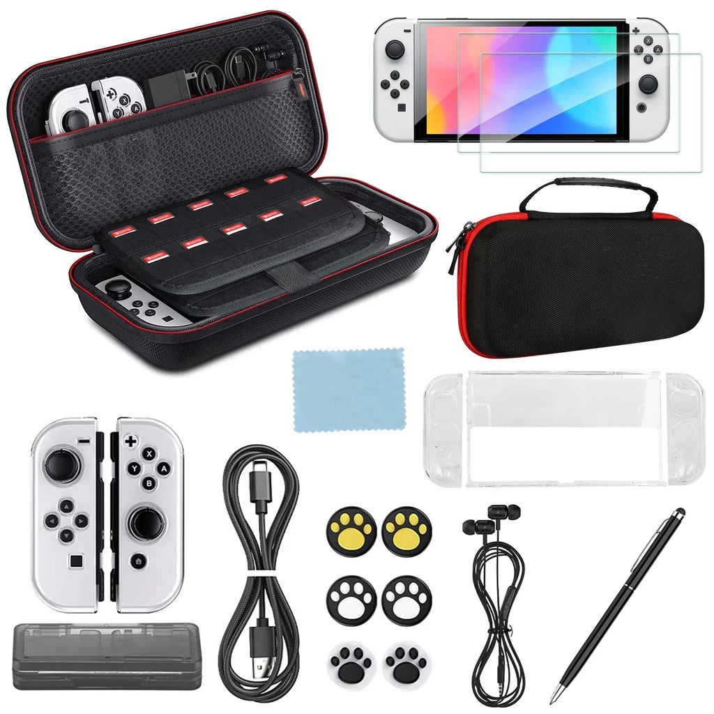 EEEkit for Kit Tempered Nintendo Carrying Glass OLED, Switch Thumb with More, Protector, Bundle 16-in-1 Grips, Black Case, Accessories Accessories Fit Case, Cover Protective Screen and