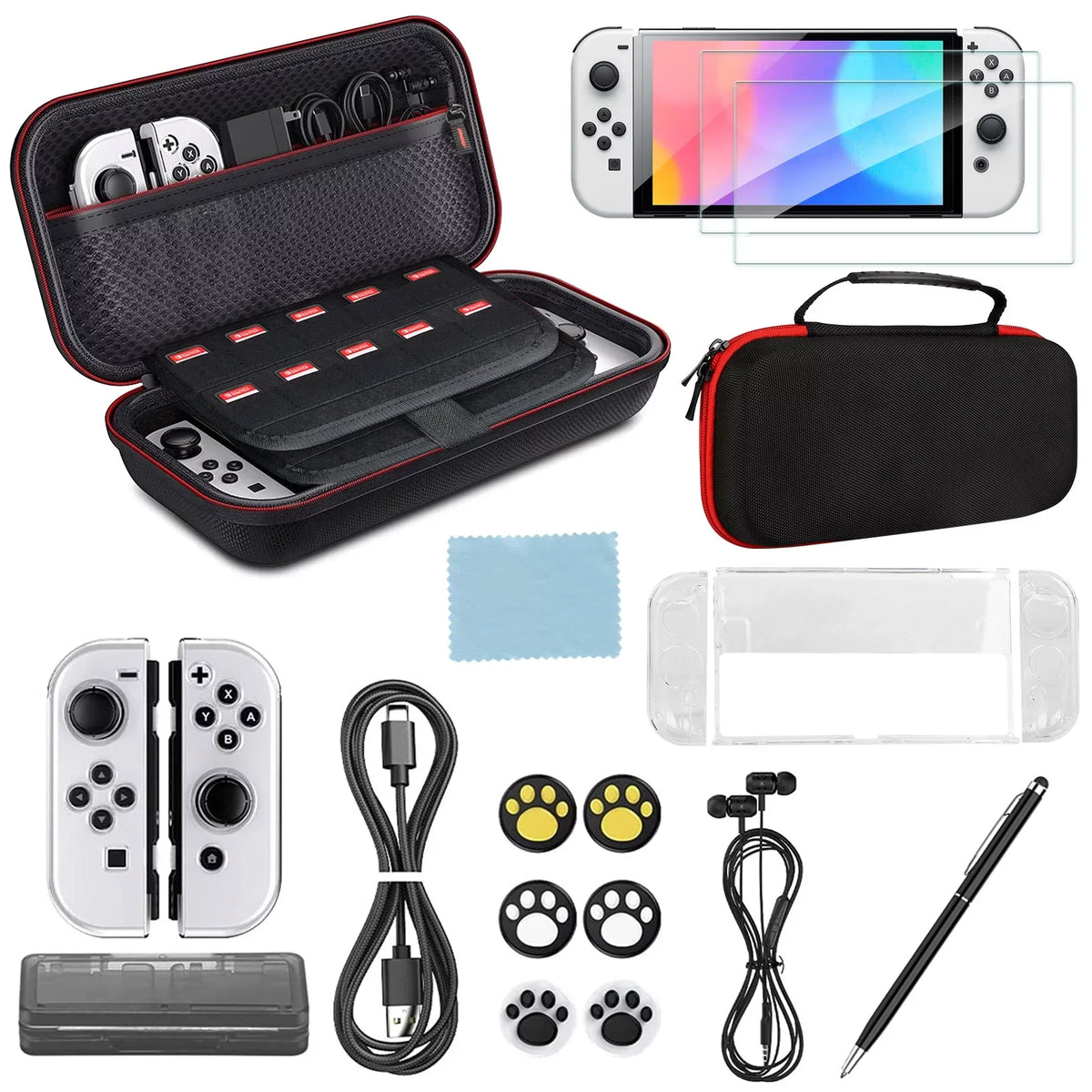 EEEkit for Kit Tempered Nintendo Carrying Glass OLED, Switch Thumb with More, Protector, Bundle 16-in-1 Grips, Black Case, Accessories Accessories Fit Case, Cover Protective Screen and