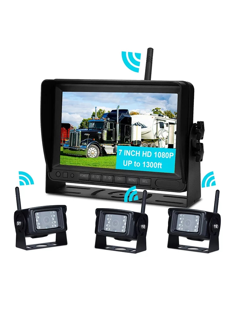 Camera Kit View Wireless AHD Rear Backup 7" 1080P for 3CH Display Trailer Truck