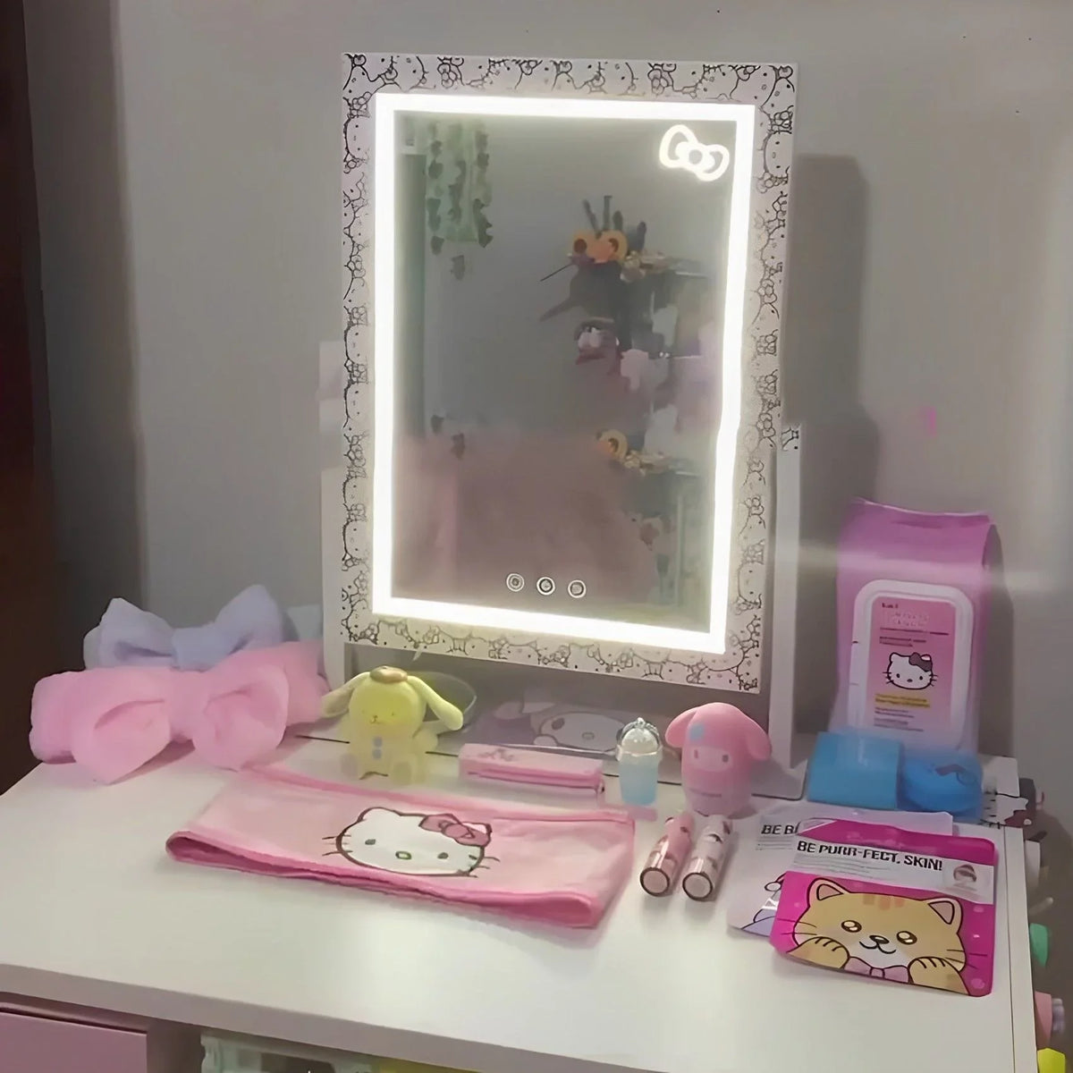 Lights 360 Impressions 3X Mirror Hello and Degree Touch (White) Quality and Frame Swivel Lighted with LED Magnification, Vanity Kitty Makeup Iron Tri Vanity with Tone Mirror Mirror, Cute