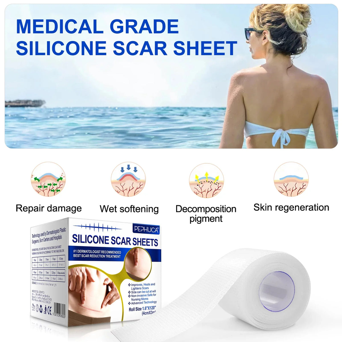 Sheets,Reusable Roll Silicone 1.6inch Scar and for Months Pephuca Silicone Reusable Grade x Scar Breathable Tape 6 Medical Pack Gel - Removal,120inch Supply,Transparent 2