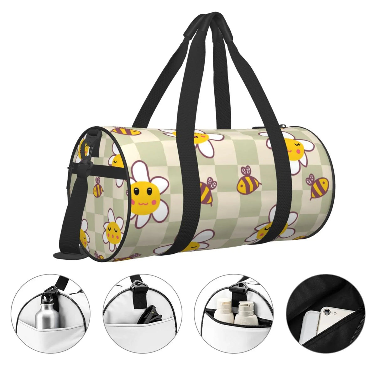 Weekenders ZICANCN Duffle Bag, Bag Bees Tote for Gym Sports Travel Bags Men Checkerboard Women Retro Daisies