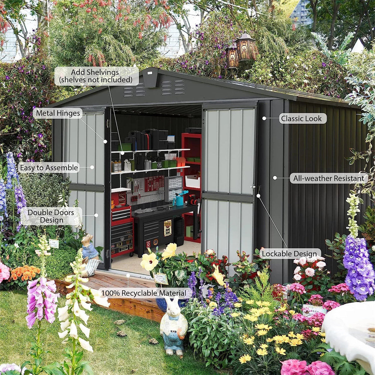 Door Bike, Metal Tools, Shed Patio, 10'X Backyard, Outdoor Steel Lawn with Black) Storage Cabinet Outdoor Storage Trash for for Homiyad (10X8ft, Galvanized Shed Garden Lockable Can, 8',