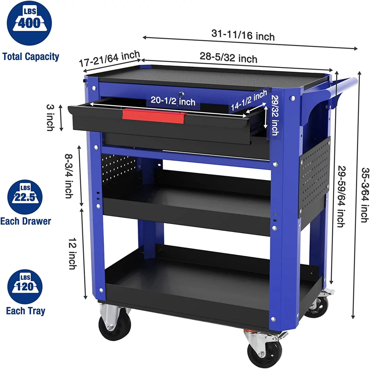 Garage, with Duty Rolling Organizer Industrial Service Heavy WORKPRO Premium Mechanic, Storage System, Workshop, 28" and for Warehouse, 400 Utility Cart, Load Wheels Cart 2-Drawer Tool lbs Locking