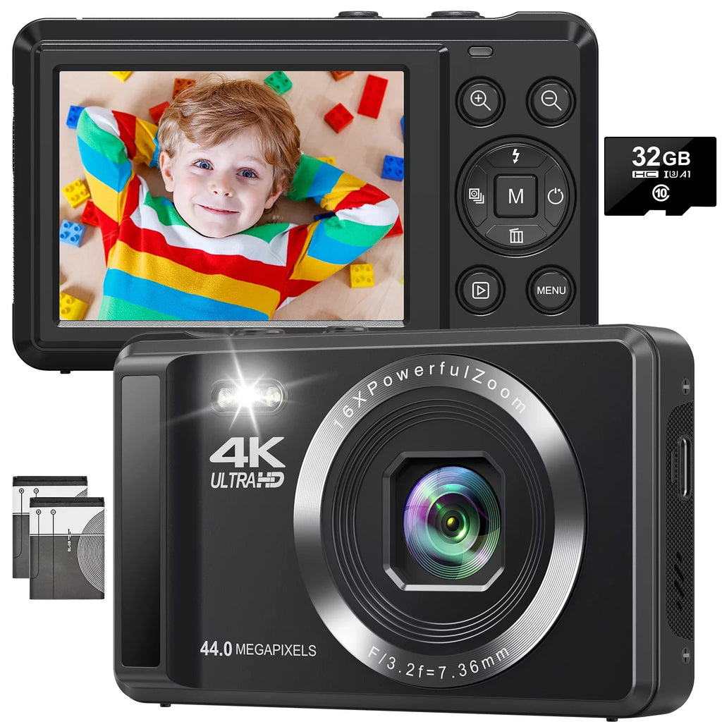 and Portable Camera 4K and 44MP Compact Card Zoom, 32GB Batteries SEREE Digital with SD Digital Shoot Camera Cameras with Autofocus 2 2.4'' Point Digital 16X