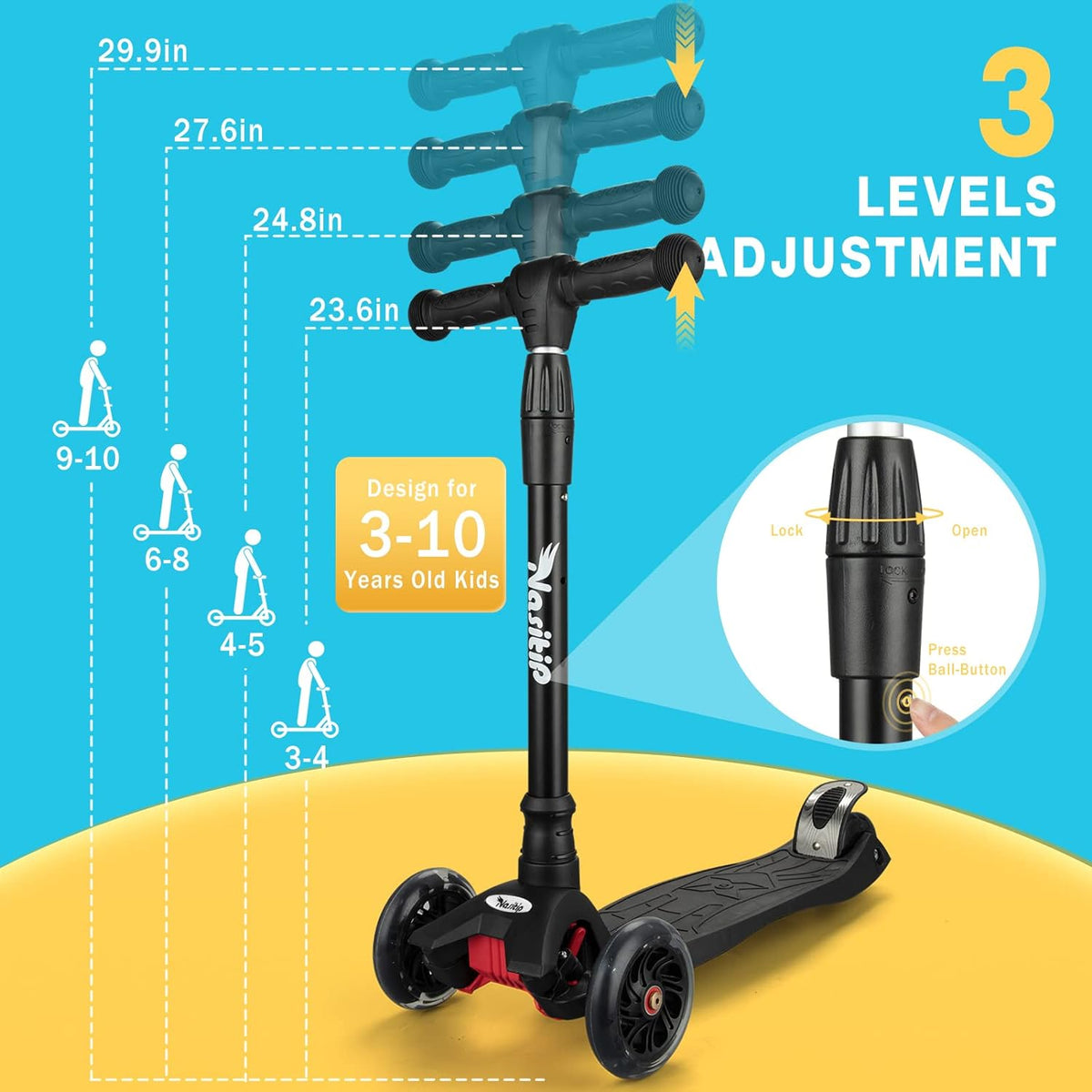 Adjustable Height, from Scooter Light with Wheels Bearing, Push to 3 Up 4 Boys 12 3 AEBC-9 Collapsible Scooter for Toddlers Girls Years Kids Portable Old(Black) Kick