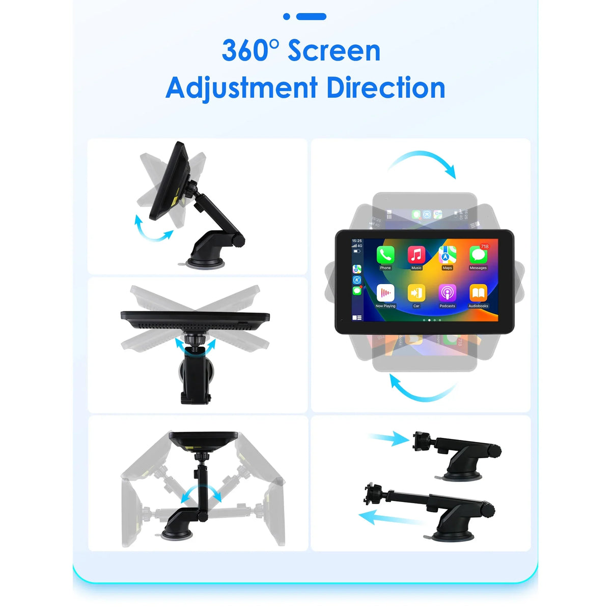 Adjustable 7" Radio 360° Auto GPS Bluetooth Android Car Camera Navigation Stereo Apple Unit Backup Carplay Link Touchscreen Mirror With Head Portable Player